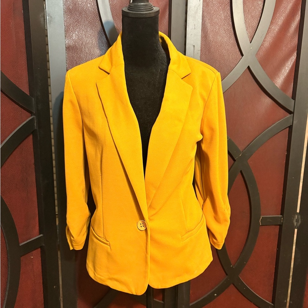 NYCC Mustard Yellow Ruched Sleeve Blazer Jacket Gold Button M